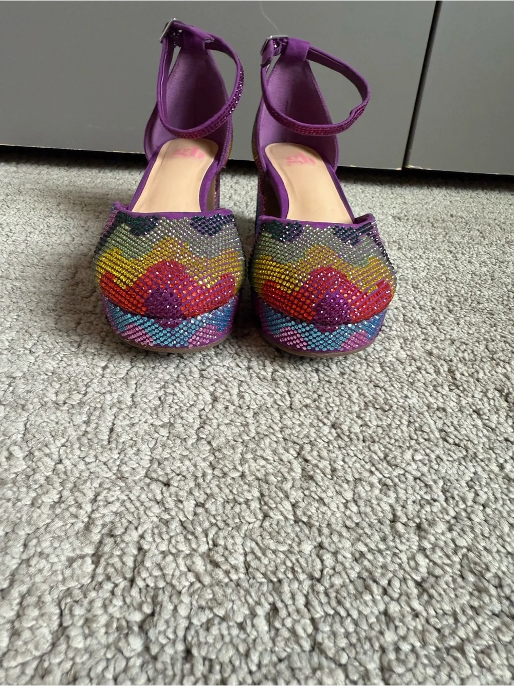 GB Girls Purple Rainbow Rhinestone Platform Block Heel Ankle Strap Shoes 1m